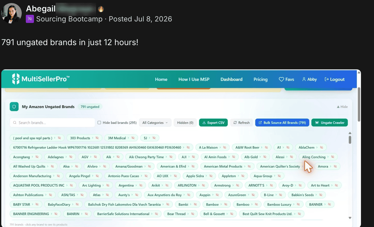 Abegail M. — 791 brands in 12 hours