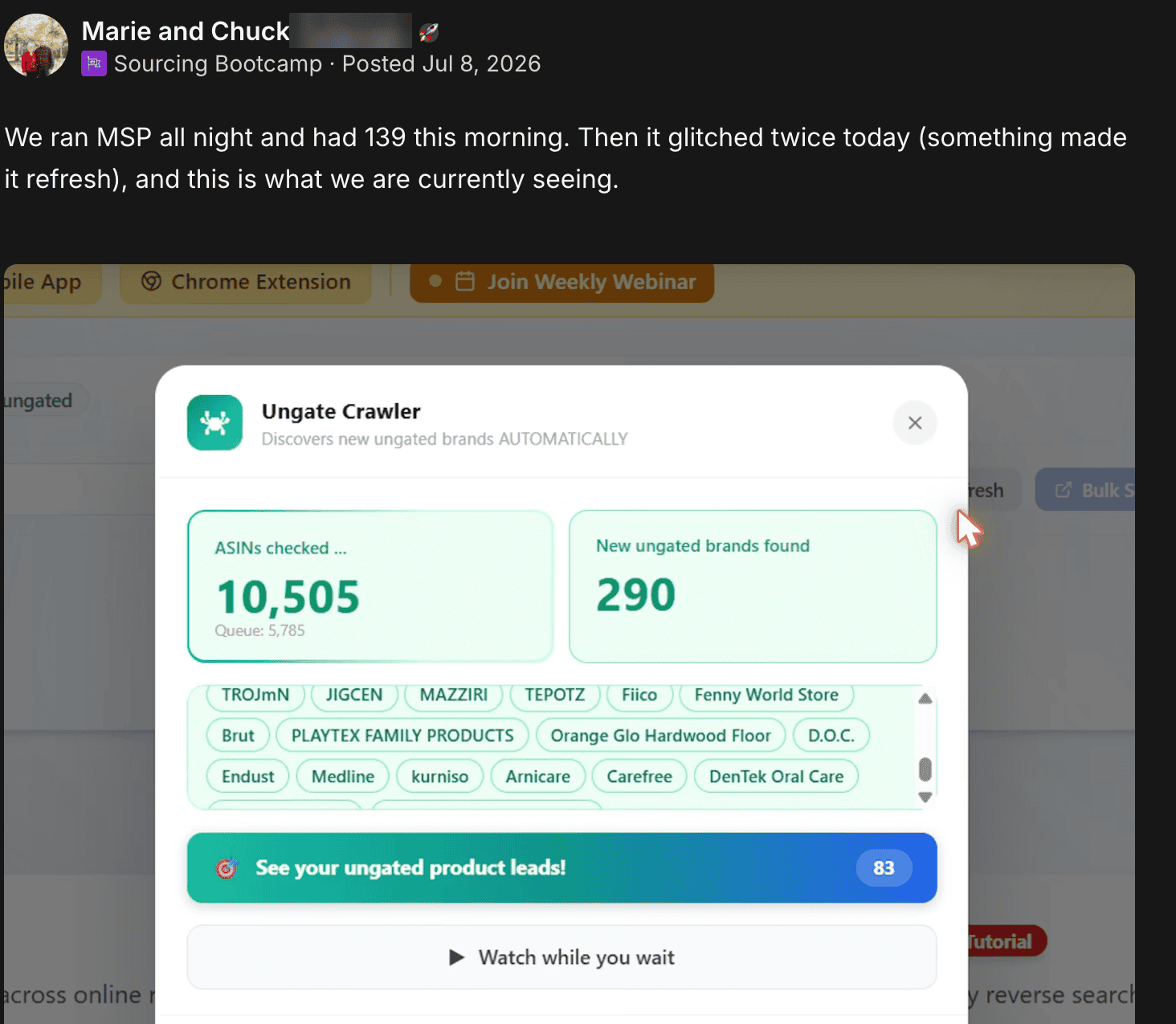 Marie & Chuck C. — 139 brands overnight