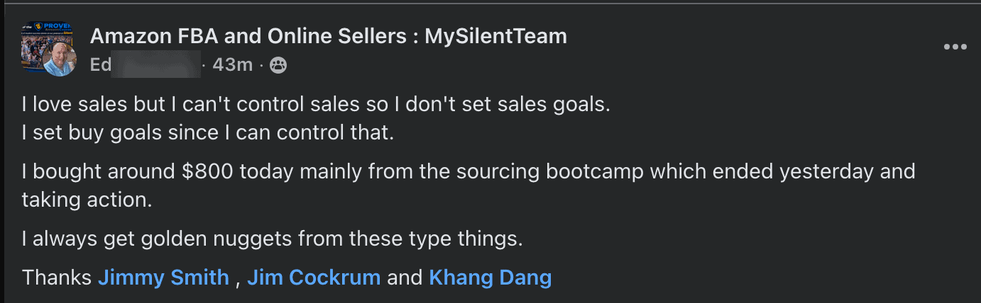 Ed N. — bought ~$800 from the bootcamp